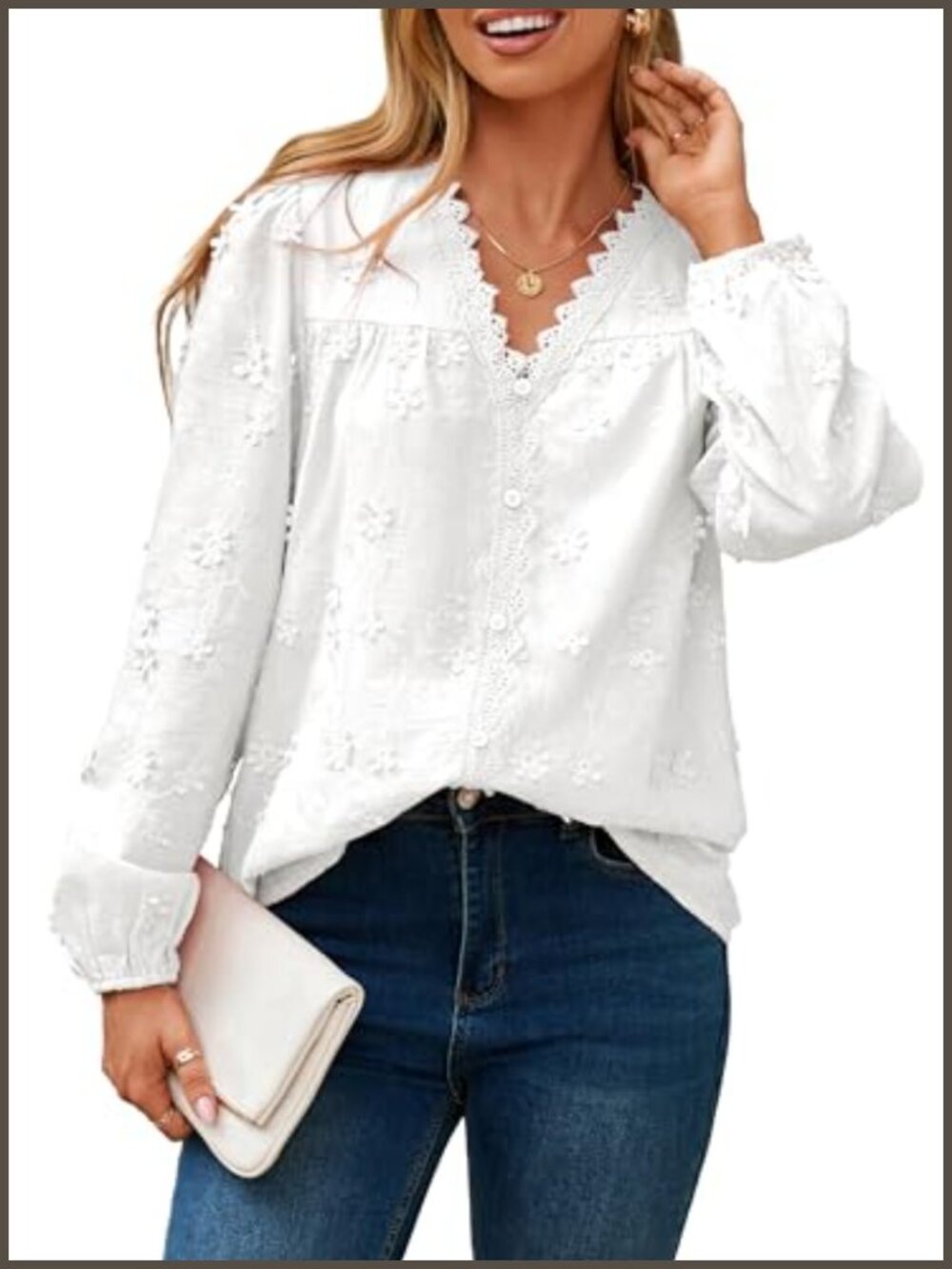 Simplee Women's 3D Floral Embroidered V-Neck Button-Down Blouse